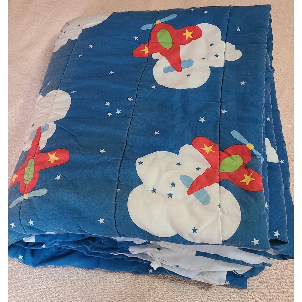 Vtg 80s 90s Comforter Twin Airplanes Clouds Primary Colors 74"×84"